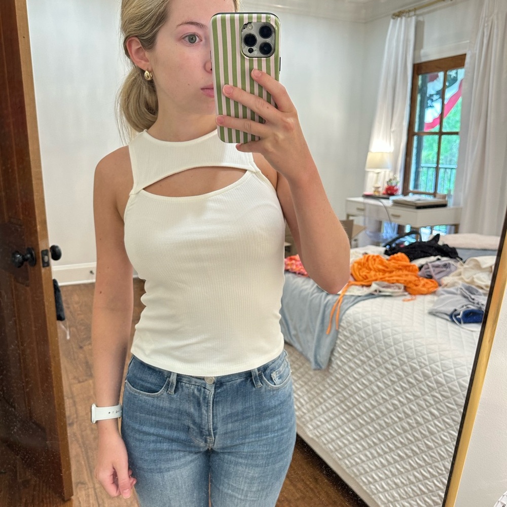 Crescent White Fitted Cut-Out Tank Top